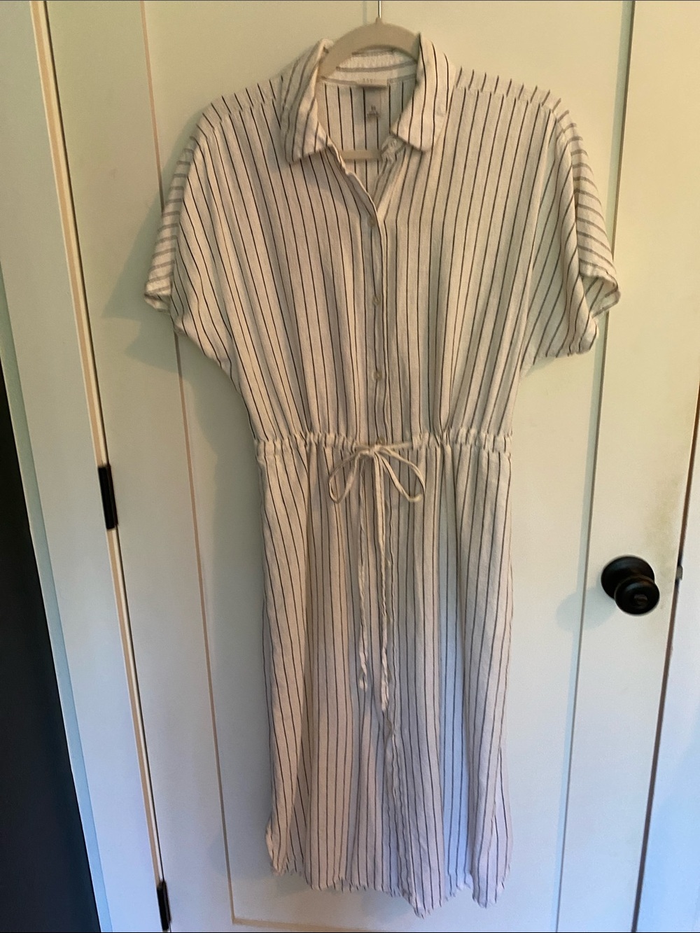 White with Black Pinstripes Linen/Rayon Shirt Dress